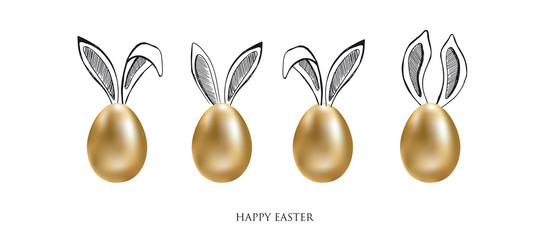 Happy Easter. Set of rabbits's ears. Gold eggs. Hand drawn illustration.