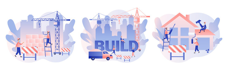 Build and Home Repair concept. Modern building process. Tiny men builders and repairers working with professional tools. Modern flat cartoon style. Vector illustration on white background