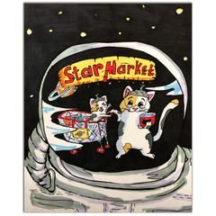 an astronaut look at two cats in the space supermarket. Stay home, isolation concept. save the planet, save humanity