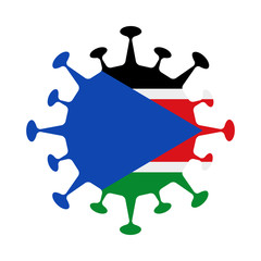 South Sudan flag in virus shape, symbolizing COVID-19 impact.