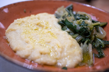 chicory with velvety fava beans typical Apulian dish. Altamura, Apulia (Puglia), Italy