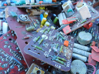 
Scrap radio components: a board on which many different elements