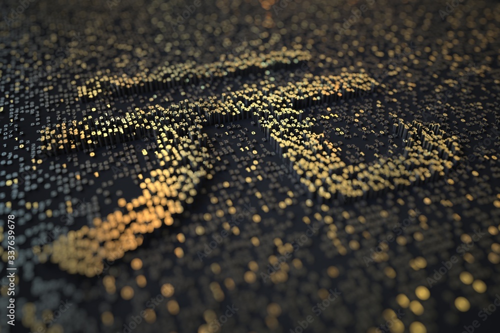 Poster golden numbers bars compose cny renminbi or yuan symbol on black background. 3d rendering