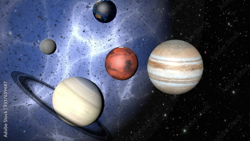 Wall mural parade of planets and a mysterious nebula. 3d rendering