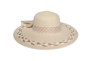A hat isolated on a white background. The hat is tied with a bow and a pattern on the brim.  (with Clipping Path)