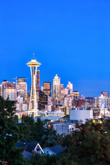 Seattle Cityscape with Mt. Rainier in the Background at Dusk, Washington