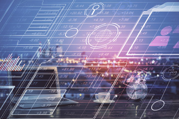 Multi exposure of computer on background and technology theme drawing. Concept of innovation.