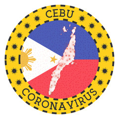 Coronavirus in Cebu sign. Round badge with shape of Cebu. Yellow island lock down emblem with title and virus signs. Vector illustration.
