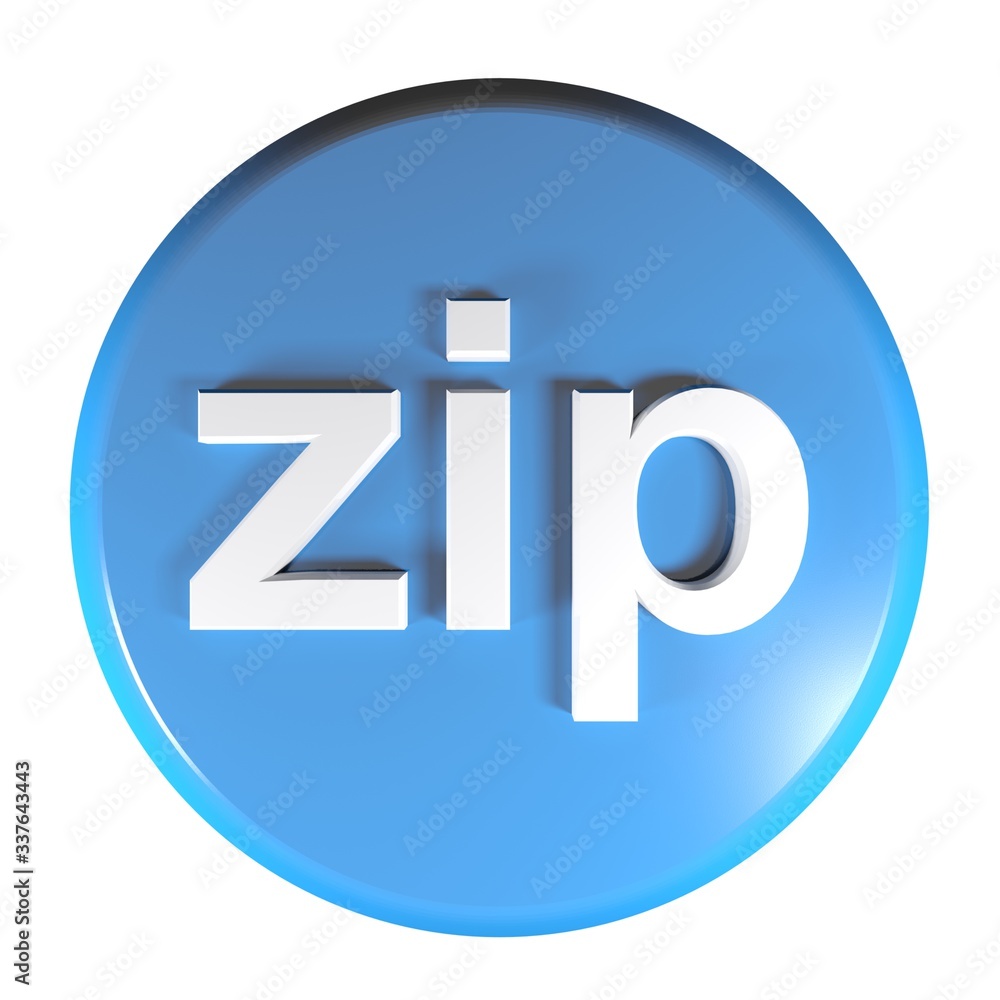 Aufkleber zip blue circle push button 3d rendering illustration