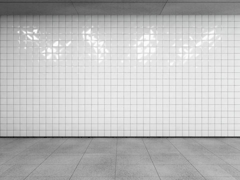 Abstract urban space, empty white tiled wall with concrete floor and ceiling. Side view with copy space to your advertision. Mock up. 3d render.