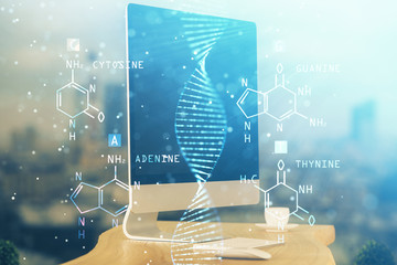 Desktop computer background and DNA drawing. Double exposure. Science concept.