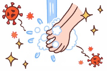 手洗いでウイルス予防：医療の解説イラスト[ウイルス・社会問題を親しみやすいイラストで説明]