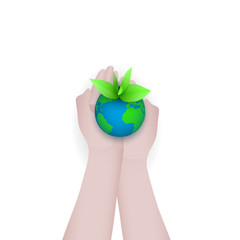 Green earth concept design. Green world globe in the hands of man. Earth planet health care concept. Environmental conservation. Earth day business design, vector illustration.