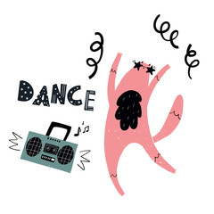 Vector hand-drawn color illustration, poster, print, poster with a dancing cat in glasses with stars and a tape recorder in the Scandinavian style on a white background. Dance. Festive greeting card.