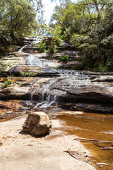 Katoomba Cascades Blue Mountains Australia. Dramatic waterfall in green rainforest jungle. Vintage brown and orange. Tourist mountain trek. Water flowing onto wet rocks. Shot in Sydney, NSW.