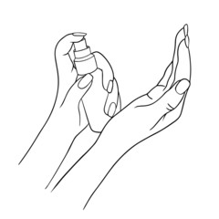 Disinfection of hands. Hand-drawn vector illustration . alcohol gel bottle for cleaning and disinfection. Hand press disinfectant. Vector illustration