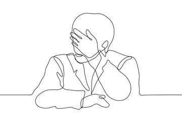 A man in a jacket (torso) sits at a table and put his hand to his face. The guy is tired, he is ashamed, has a headache, does not want to look, face palm. One continuous line drawing, for  animation