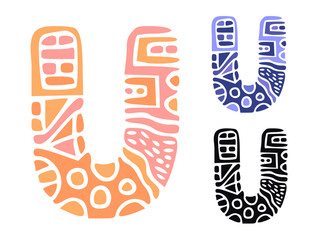 Alphabet letter U. Kids education poster or stickers. Childish logo in mosaic style. Cute vector letters in color and monochrome isolated on white. Birthday holiday decoration.