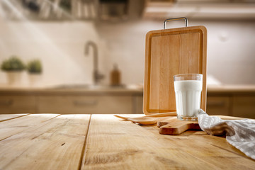 Desk of free space and kitchen interior 
