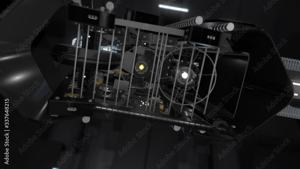Poster close up of technical flaps opening with rotating mechanism behind them, view inside of space ship. 