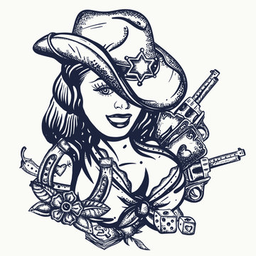 Cowboy girl pin up style. Sheriff woman in hat. Wild West concept. Western art. Beautiful American woman in national clothes of USA. Guns, playing cards and money. Tattoo and t-shirt design