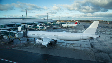 Fototapeta na wymiar Airplane near the terminal in an airport, travel concept