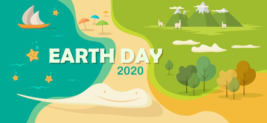 Beautiful flat vector Illustration banner of land and sea ecosystem with happy smiling white cloud celebrating earth day and summer vacations