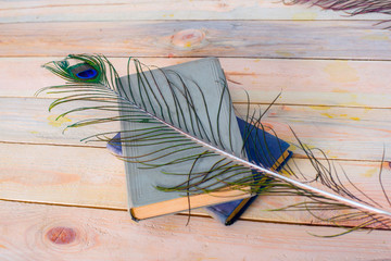 a books  with a peacock feather  on a wooden background