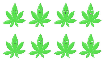 Vector set of smiles of cannabis leaves with emotions - happy, sad, cry, kiss, angry, sceptic, shy