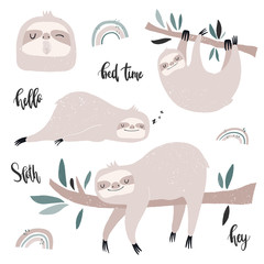Vector hand-drawn color children`s set with cute sloths, rainbow and lettering in Scandinavian style on a white background. Sleeping sloth on a branch, sloth yawns. Cute baby animals.