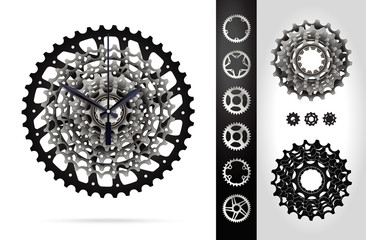 Bicycle Cassette mountain bike. Rear Bicycle Sprocket. Realistic vector. Clock design. - obrazy, fototapety, plakaty