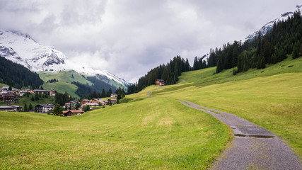 View over Lech am Arlberg a cold, snowy day in summer, Austria