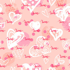 Seamless pattern with handwritten word Love, hand drawn style hearts. Vector illustration for textiles and fabrics, wallpapers, Happy St Valentine's day.