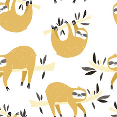 Vector hand-drawn colored seamless repeating childish pattern with cute sloths on the branches in the Scandinavian style on a white background. Cute baby animal. Baby print with sloths 