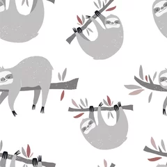 Wallpaper murals Sloths Vector hand-drawn colored seamless repeating childish pattern with cute sloths on the branches in the Scandinavian style on a white background. Cute baby animal. Baby print with sloths 