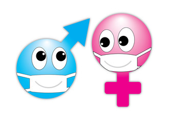 Emoticons are a symbol of sexual relations between a man and a woman in medical bandages against the spread of viral infection. Blue with an arrow and pink with a cross. Love during an epidemic and pa