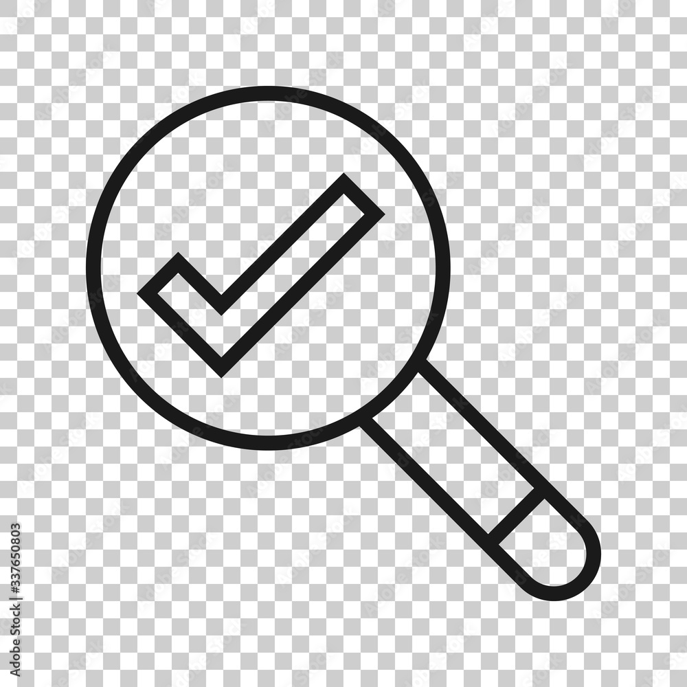 Poster check mark with magnifying glass icon in flat style. loupe accept vector illustration on white isola