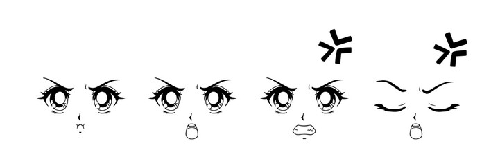 Set of anime angry faces. Hand drawn vector cartoon illustration.