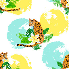 Seamless pattern with leopards, tropical leaves and plumeria flower, hand drawn style rounds. Vector illustration.