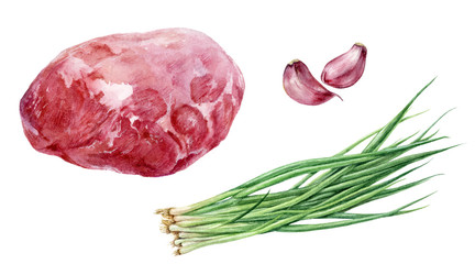 Green onion garlic meat set watercolor isolated on white background