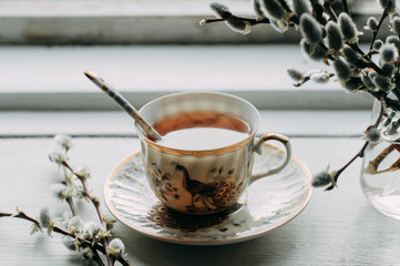 a Cup of tea and willow twigs on the windowsill