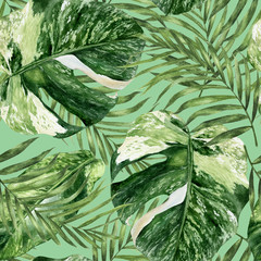 Tropical leaf hand drawn watercolor illustration. Seamless pattern.