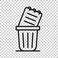 Trash bin with document icon in flat style. Paper recycle vector illustration on white isolated background. Office garbage business concept.