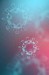 Covid-19, abstraction background with elements of the virus. The epidemic of viral diseases. Micro organisms, macro, 3d illustration. Pandemic, medical.