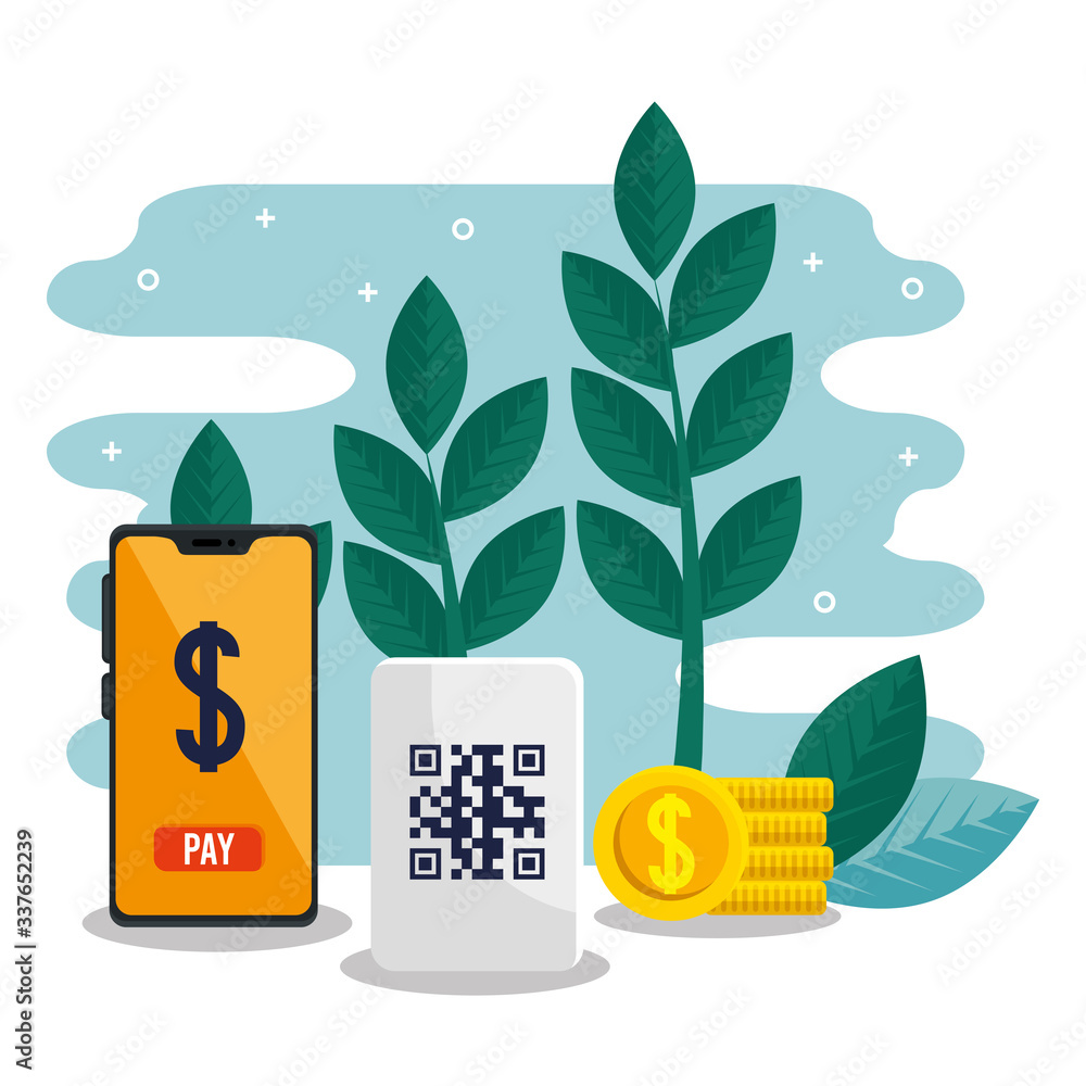 Poster qr code smartphone coins and leaves design of technology scan information business price communicati