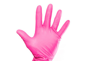 Open hand latex glove. Medical virus and bacteria protection background. Palm isolated on white. Female trendy pink color pandemic safety. Hospital doctor surgery empty copy space.