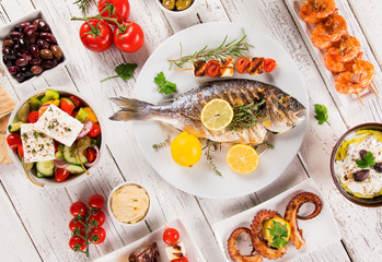 Greek food background. Traditional different greek dishes set. Top view.