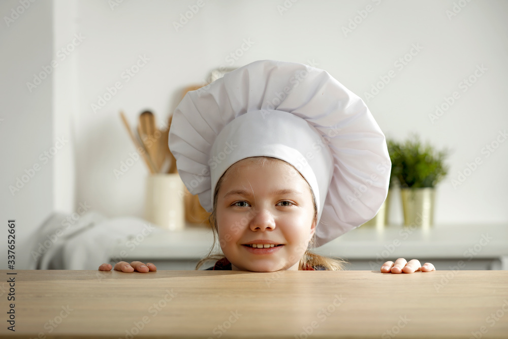 Sticker kitchen interior and small cook chef with hat.