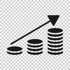 Income rate increase icon in flat style. Finance performance vector illustration on white isolated background. Coin with growth arrow business concept.