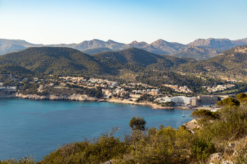 Fototapeta na wymiar aerial view over the bay of camp de mar during sunset from the view point cap andritxol, mallorca, Spain